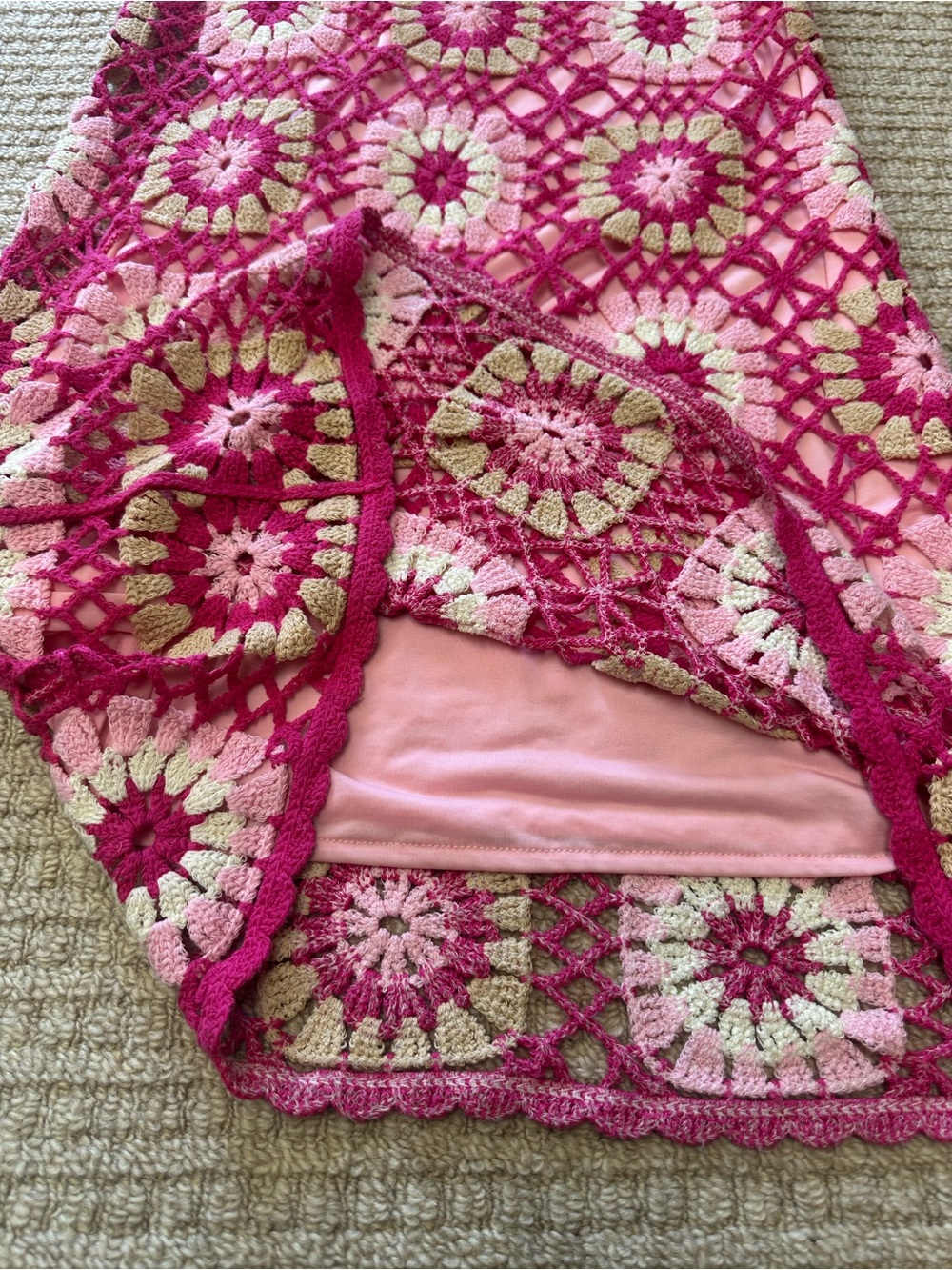Boston Proper Floral Pink Crochet Tank Mini Dress Sz L - Picture 3 of 6